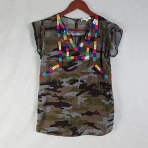 Andre Shirt Womens Small Camouflage Top Short Sleeve Embroidered V‎ Neck by Unit